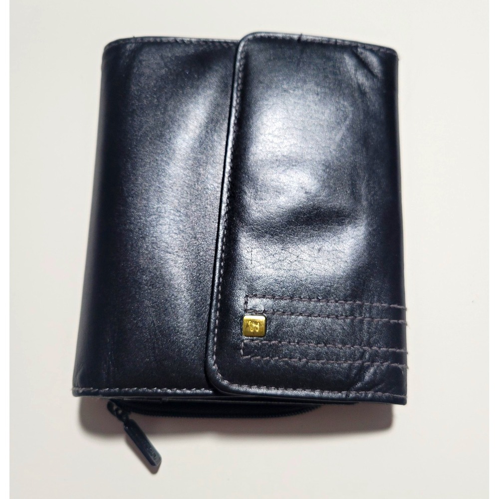 Vintage Buxton Black Leather Women's Trifold Wallet w/ID Window, Zip Coin Pocket